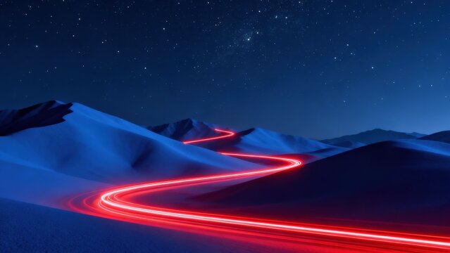 Nighttime desert landscape with glowing red path