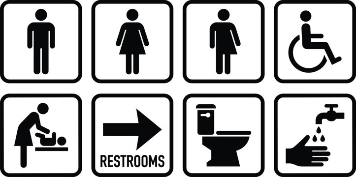 Minimalist Public Restroom Square Signage Silhouette Icon Set with Male Female Gender Neutral Toilet Handicap Accessible Baby Changing Table Faucet and Arrow Vectors