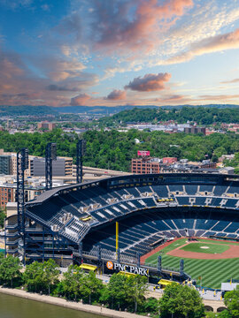 Aerial shot of PNC Park baseball stadium home of the Pirates in Pittsburgh Pennsylvania USA