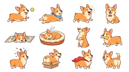 Obraz premium Set of cute cartoon corgi dogs in various poses on transparent background. Collection of funny puppy characters for design, sticker, and animation. Energetic and playful pet mascot.