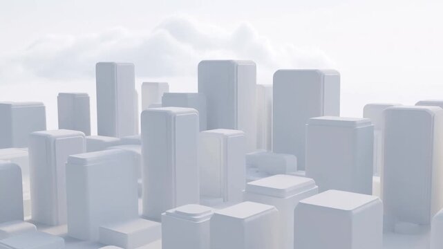 Panning shot of minimalist white model city blocks shifting across soft cloud background with gentle tracking movement and aerial studio perspective