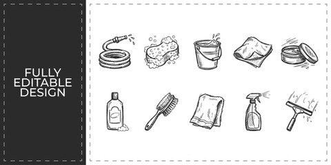 House cleaning and hygiene maintenance hand drawn doodle icons set featuring mop bucket and spray for professional janitorial service and home care marketing © Ashik  Khan
