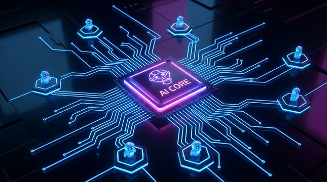 Futuristic AI Network Hub with Glowing Circuit Pathways and Robotic Nodes