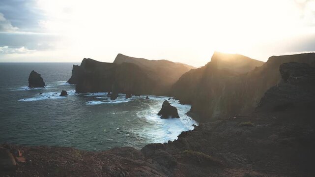 Aerial Shot of Volcanic Coastal Cliff and Sea Stack a Sunset