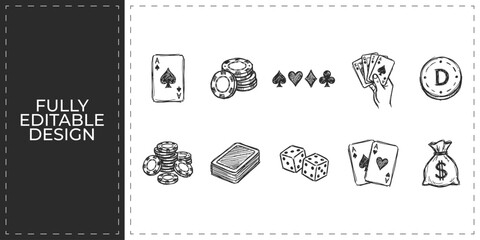 Casino gambling and poker game hand drawn doodle icons set featuring playing cards dice and chips for night club entertainment and betting event marketing © Ashik  Khan