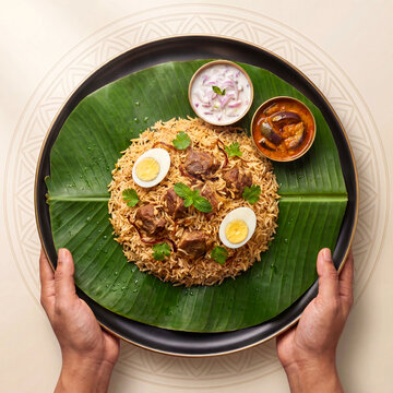 Mutton Biryani with Egg Onion Raita and Salna Traditional Indian Rice Dish Served on Banana Leaf