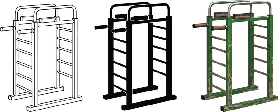 Set of parallel bars and dip station vector illustrations in outline silhouette and color styles ideal for fitness app design gym branding and workout infographics