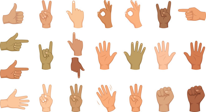 Hand gestures collection with various skin tones, pointing, fist, peace sign and ok symbols