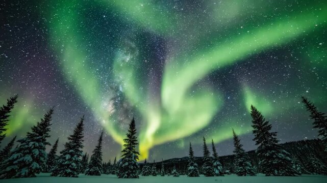 Vibrant green and purple Northern Lights illuminate a starry night sky above a serene winter landscape.