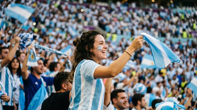Happy Woman Supporting Argetina National Team During World Cup Atmosphere