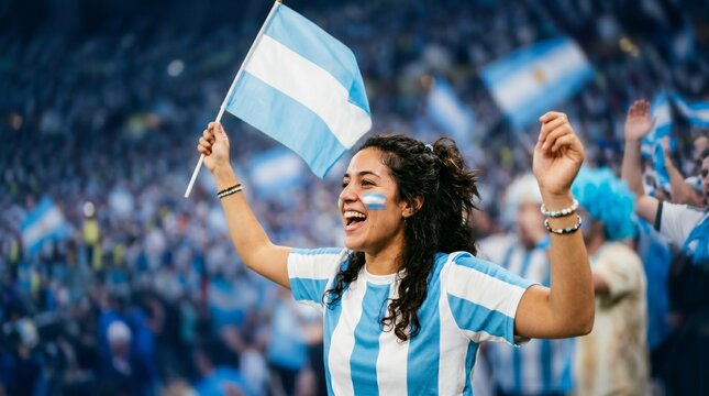 Argentina Football Fan Woman Supporting National Team in The Stadium for World Cup