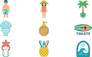 Naklejka premium Tropical Beach Themed Restroom and Bathroom Icon Set with Palm Tree Brush Coconut Soap Dispenser and Surfboard Sign for Summer Resort Graphic Designs