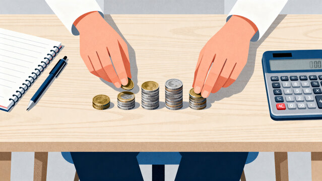 Illustration of hands sorting coins into several stacks on a table, with a calculator, notebook and pen nearby, concept of budget, saving money, expenses planning and financial stability