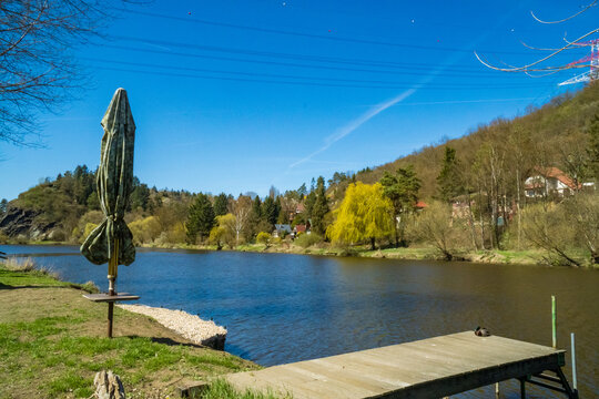 Beautiful views of the spring Berounka river, forest and mountains, Czech.