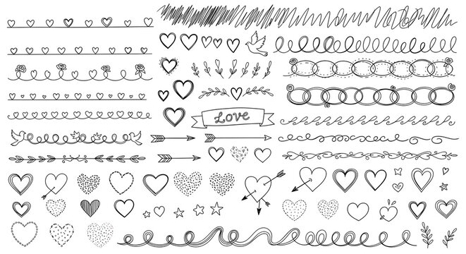 Hearts and decorative line dividers are hand-drawn in this comprehensive collection of romantic doodle elements.