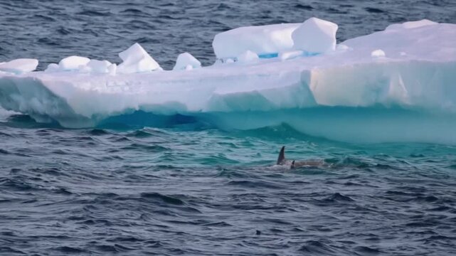 Aerial Shot of Wild Whale Spouting Near Massive Blue ceberg