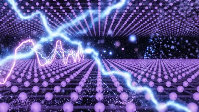 Visualize abstract energy waves and electric lightning pulses flowing through a futuristic purple grid network.