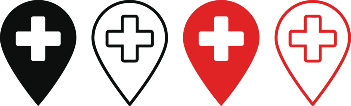 Set of map location pointer icons with swiss cross symbol