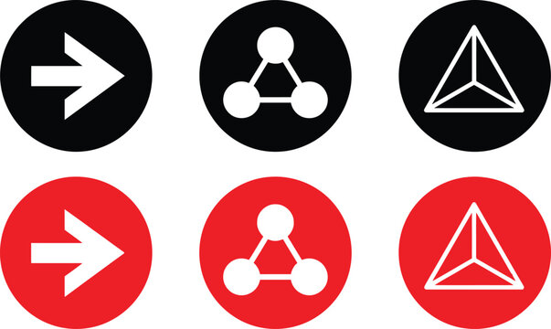 Set of simple round app icons with arrow connection and triangle signs in black and red colors