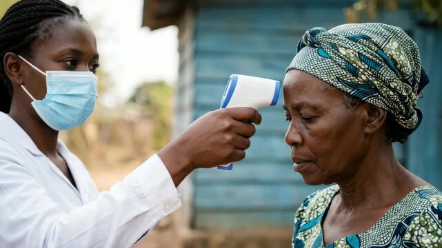African female volunteer checking senior woman forehead temperature with infrared thermal scanner during community ebola virus epidemic prevention campaign