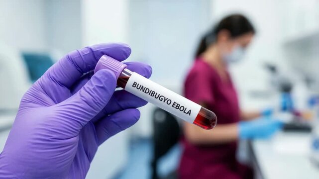 Laboratory sample labeled Ebola virus in medical research setting, healthcare worker testing for Bundibugyo Ebola outbreak, infectious disease diagnosis and EVD monitoring