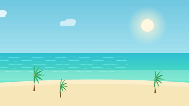 A serene flat design video of a tropical beach with palm trees under a sunny sky