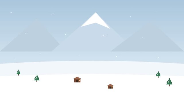 A serene flat design winter landscape video featuring snow-covered mountains and trees