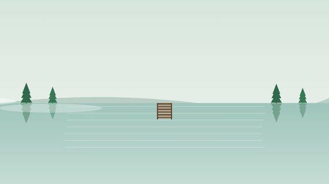 A serene flat design video of a small wooden cabin in a peaceful lake surrounded by trees