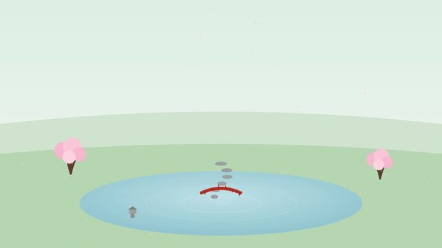A flat design video of an animated smiley face in a serene natural setting with a pond and cherry blossoms