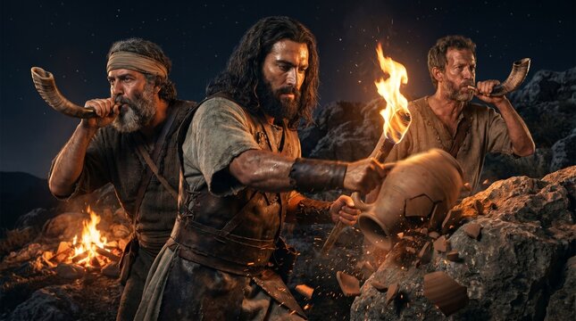 Gideon's army breaking clay pitchers and revealing torches in a night battle