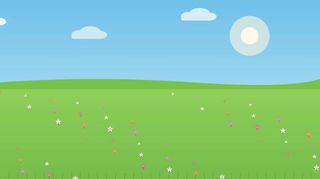 A serene flat design video of a green field with flowers under a sunny blue sky