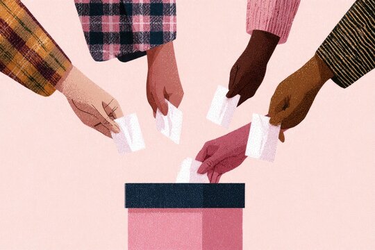 Diverse hands cast ballots into a communal ballot box, symbolizing collective decision