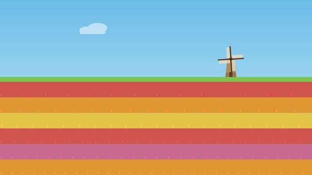 A colorful flat design animated video of a windmill in a rainbow landscape