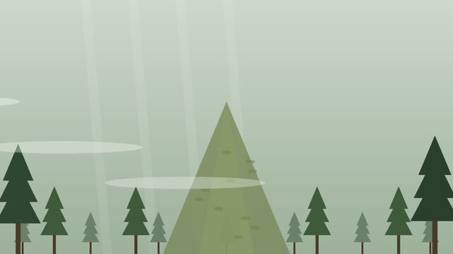 A serene flat design video showcasing a pyramid surrounded by trees in a misty landscape