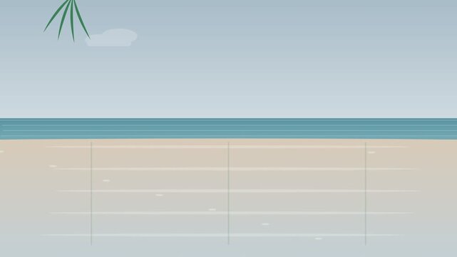 A serene flat design beach scene captured in a calming video with a palm tree
