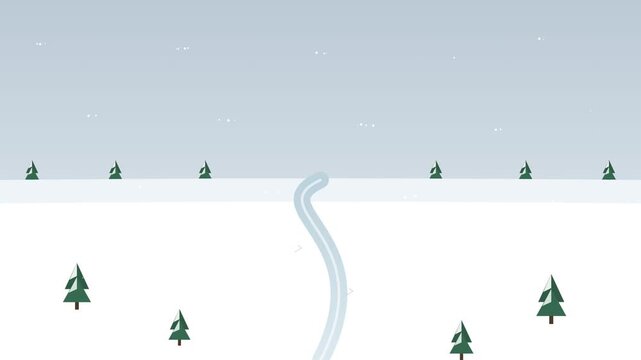 A serene flat design winter landscape video with a winding road through snow