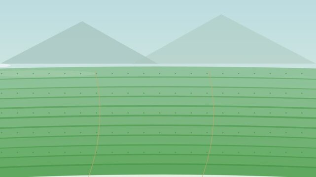A flat design serene video showcasing green fields and majestic mountains in the background