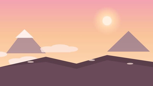 A flat design video of two pyramids standing side by side in a desert landscape at sunset