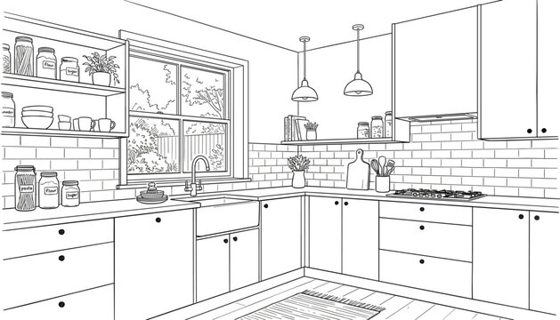 Modern Kitchen Interior Line Art Vector Illustration with Cabinets Backsplash Tile Window Shelves and Pendant Lights for Home Decor Coloring Page Designs