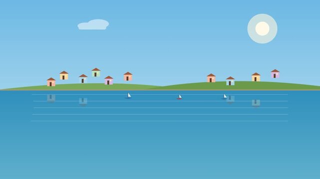 A serene flat design video of a cartoon island with colorful houses and calm ocean waters under a sunny sky