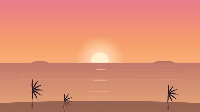A serene flat design video of a sunset over a calm ocean with palm trees