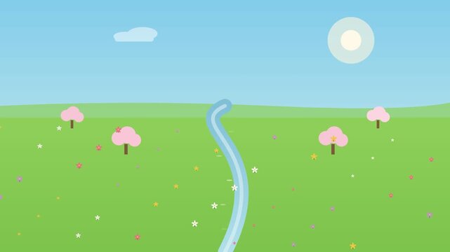 A serene flat design animated video of a green field with pink umbrellas and a stream