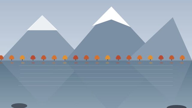 A serene flat design video showcasing a mountain range with a stunning ocean view at sunset