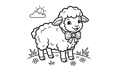 Obraz premium Adorable sheep coloring page for kids with bow and sunny sky