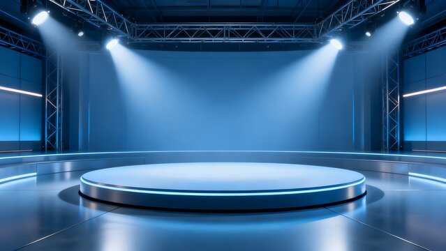 Empty stage with circular platform and spotlights
