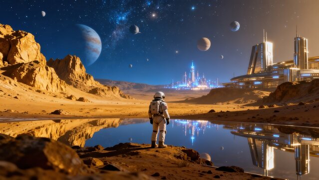 Astronaut on alien planet with futuristic city