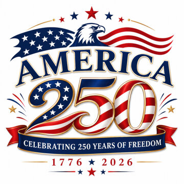 America 250 anniversary logo with eagle, waving flag and fireworks celebrating 250 years of freedom 1776 to 2026
