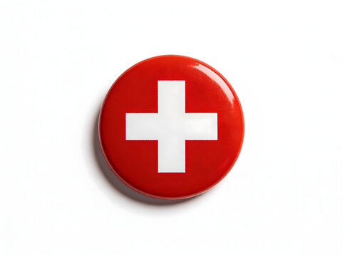Swiss flag badge icon circular emblem with white cross on red background.
