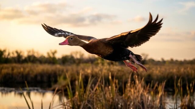 black bellied whistling duck flying over texas wetlands usa morning light video