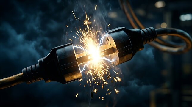 Electrical short circuit with bright sparks between two black power plugs.